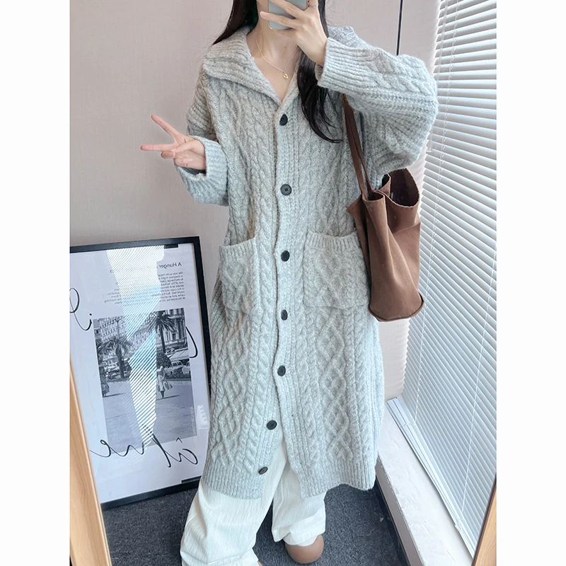 

ey Lazy Sle Long Knitted Cardigan Women's Coat Autumn ature Knee-Length Casual Thiened Sweater AAMY Commute Korean ...
