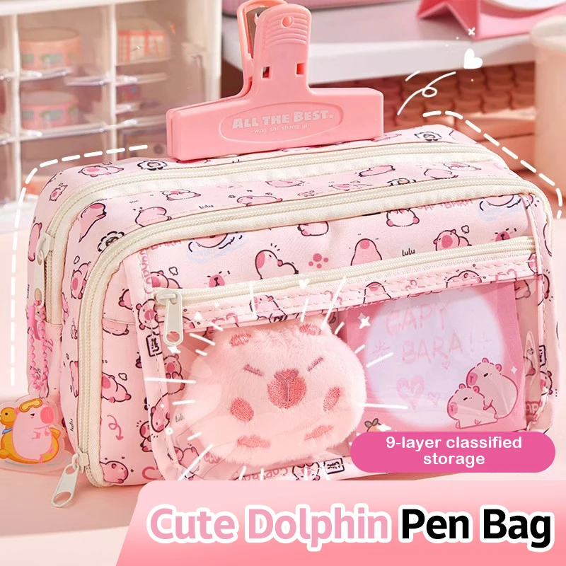 dos desenhos animados rosa capivara lapis bolsa de armazenamento lapis kawaii caixa grande capacidade papelaria escola case bolsa de maquiagem 01