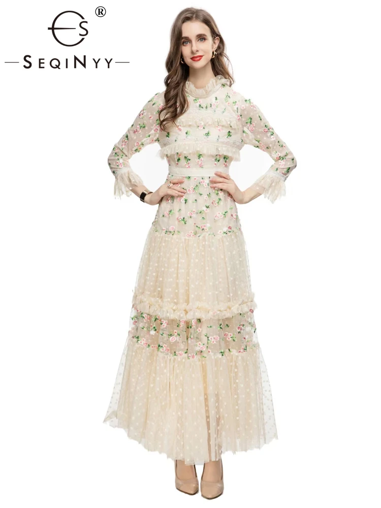 

SEQINYY Elegant Beige Dress Summer Spring New Fashion Design Women Runway High Quality Embroidery Flower Dot Mesh Party Midi