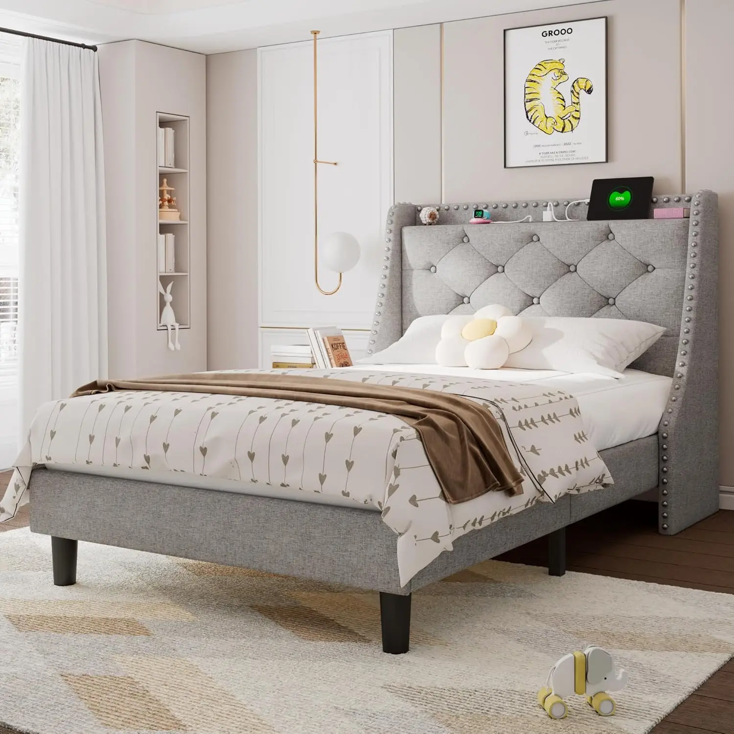 Twin Bed Frame with Luxury Wingback Upholstered Button