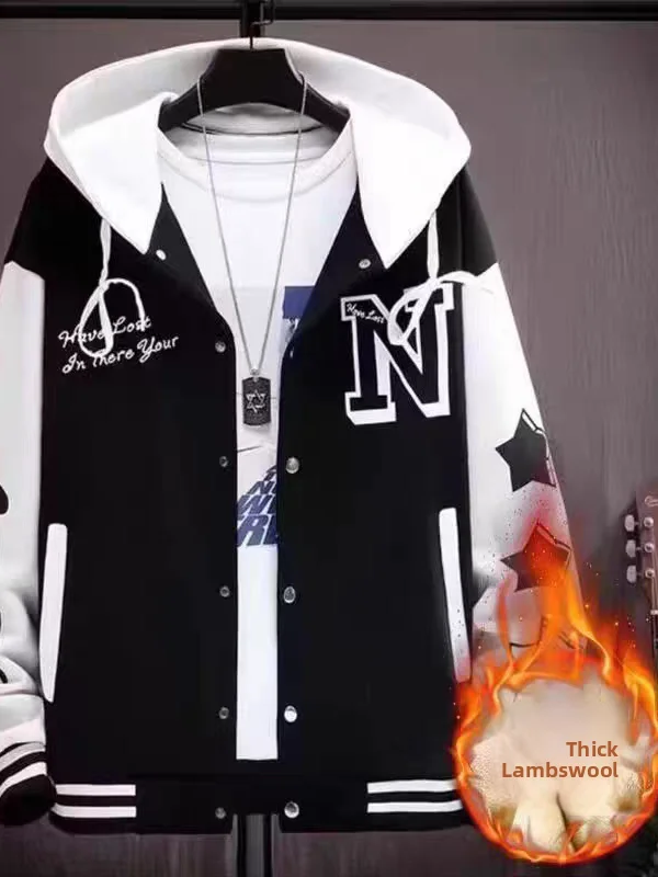 

Thiened Fce Autumn Winter Hooded Jaet for Teenage Boys Cotton Baseball orms School Students Casual Loose Fit Coat