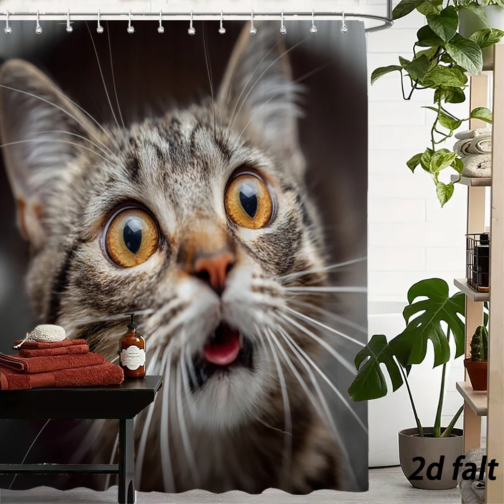 Realistic Close-up Surprised Tabby Cat Pattern Bath curtain Cozy Plush Bedspread Portable  for Bedroom