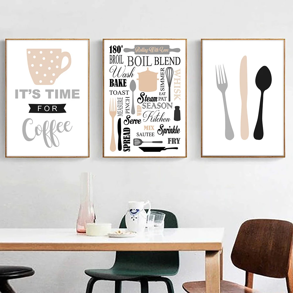 Painting The Kitchen Utensils Wall Art Pictures Print Restaurant Cafes Room Home Decor Coffee Cups Cutlery Poster Nordic Canvas