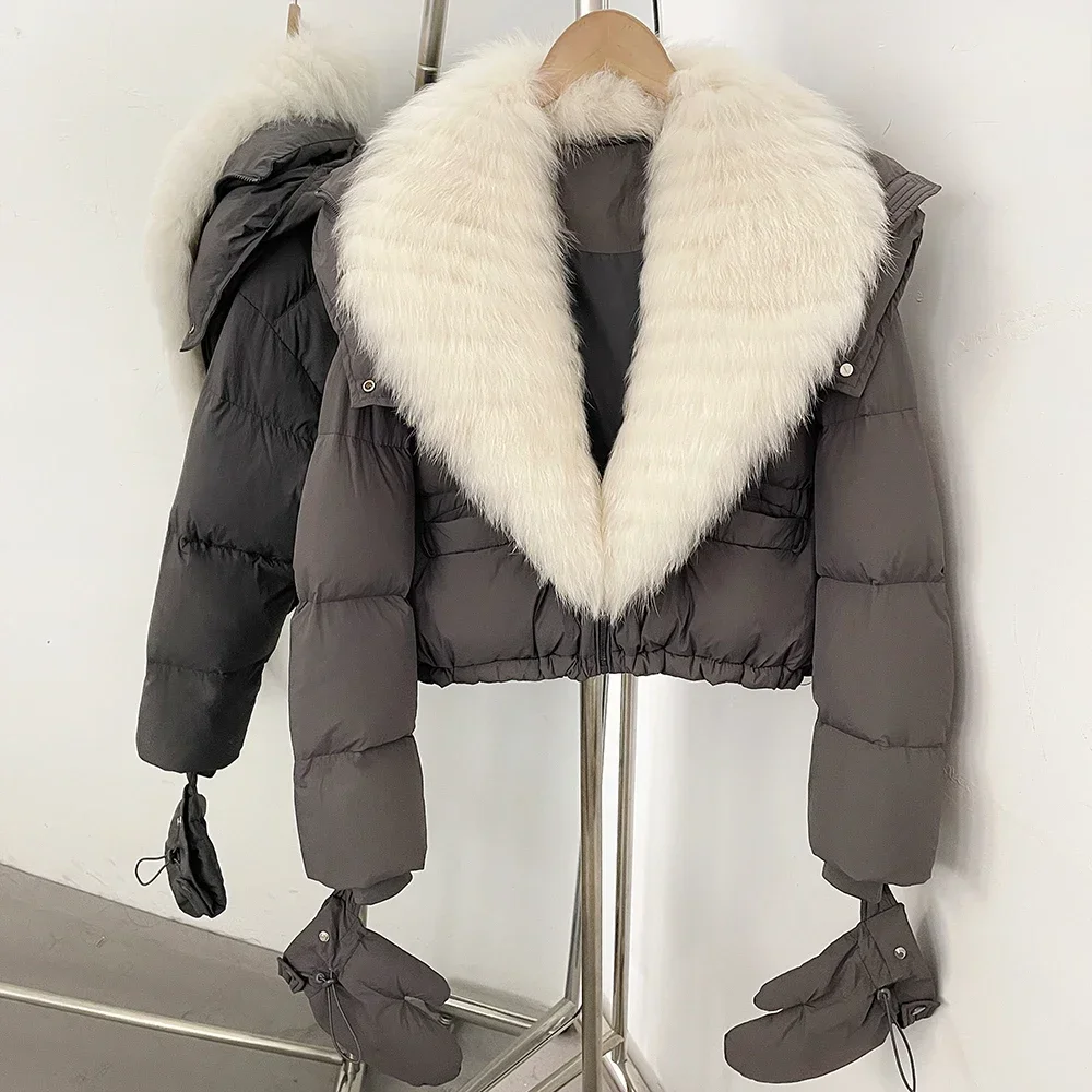 OFTBUY Neue Winter-Kapuzenjacke, kurze Daunenjacke mit echtem Fuchsfell, Damen-Daunenjacke mit abnehmbaren Handschuhen – Detail 13