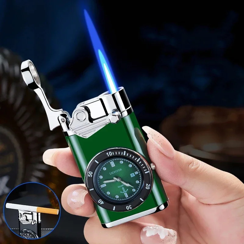 

2024 Metal Rocker Watch Windproof Inflatable Lighter Blue Flame Butane Cigarette Holder Men Gift Smoke Accesoires