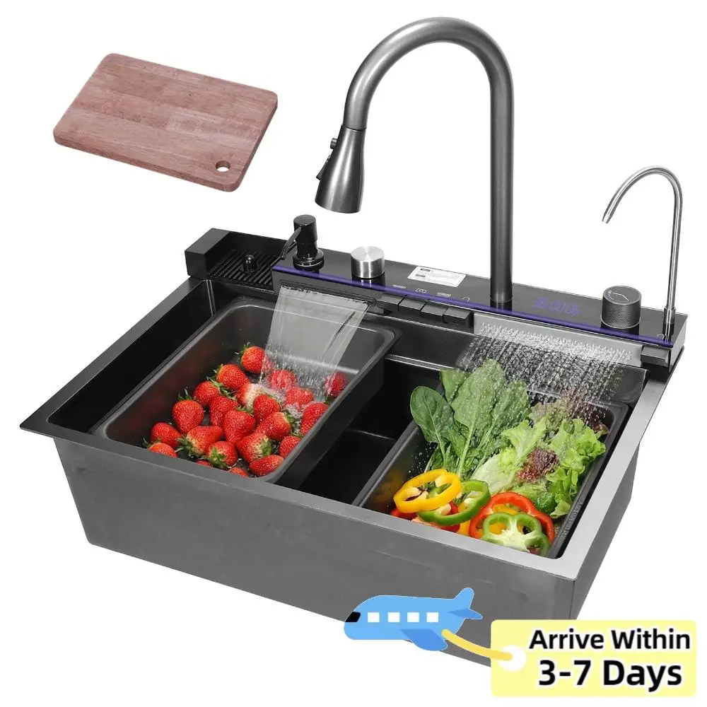 

Умная кухонная мойка с цифровым дисплеем, функцией водопада и выдвижным поворотным смесителем, с распылителем для чашек под давлением