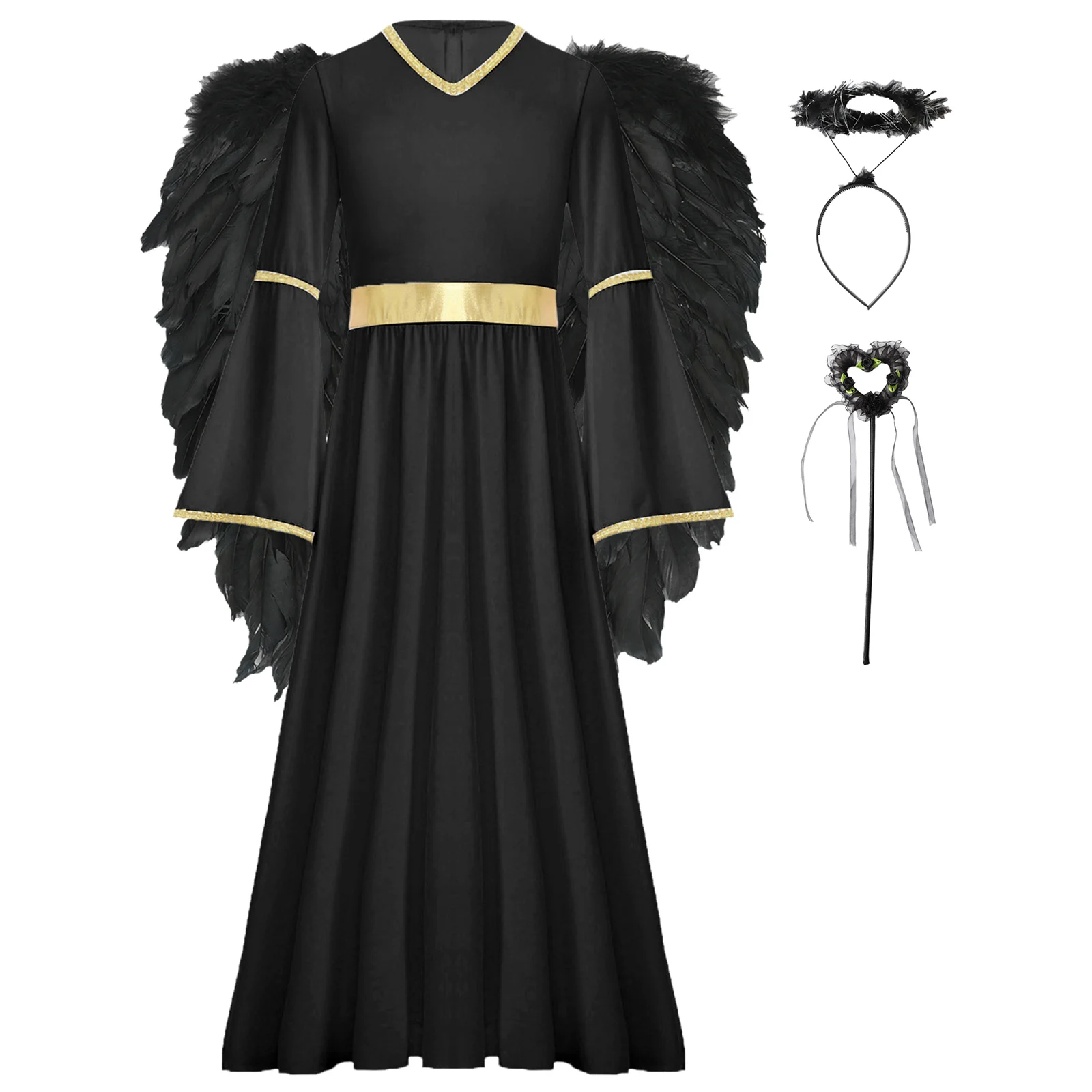 Costume Cosplay Ange pour Bol, Robe d'Halloween avec Ailes de Plumes, Bande de Sauna et Bâtons de Dégradation, Ensemble de Performance, Habillage de Carnaval pour Enfants