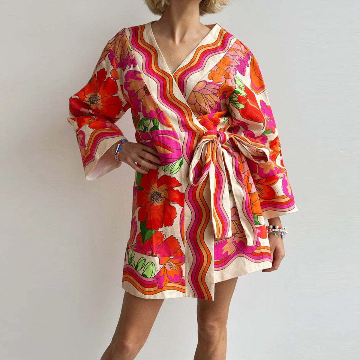 

Women V Neck Cross Red Floral Print Belt A Line Cotton Linen Mini Dress