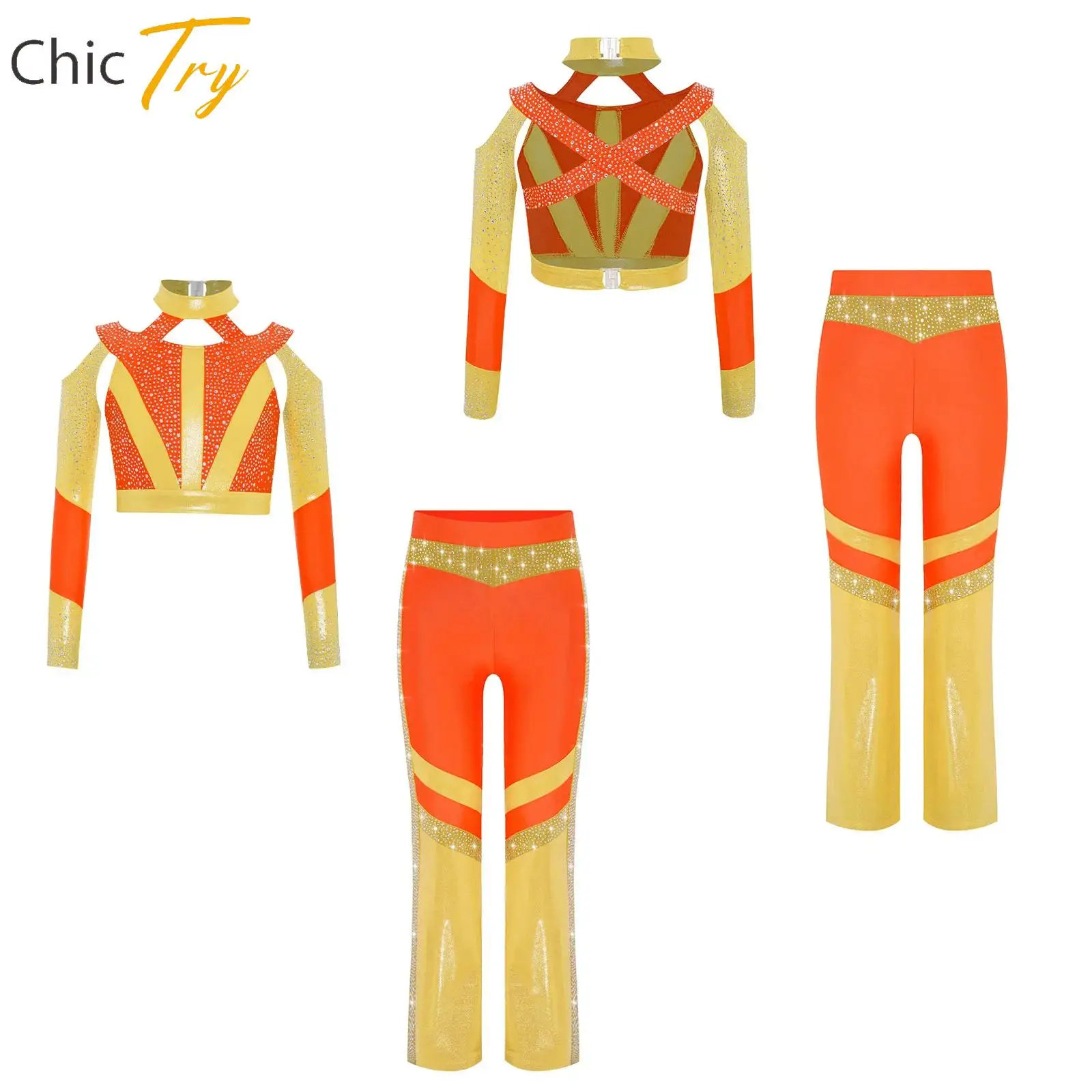 

Kids Girls Gymnastics Acrobatics Dance Costume Outfit Long Sleeve Shiny Rhinestone Crop Top Flared Pants Stage Performance Set