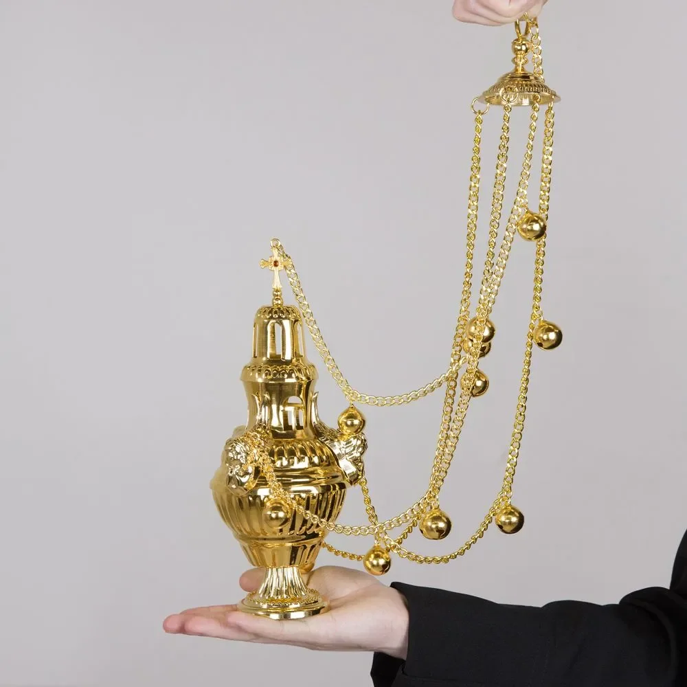 

HT Church Censer Gold Plated Hanging Orthodox Incense Burner With Chain and Bell Religion Ritual Sacred Cross православие Кадило