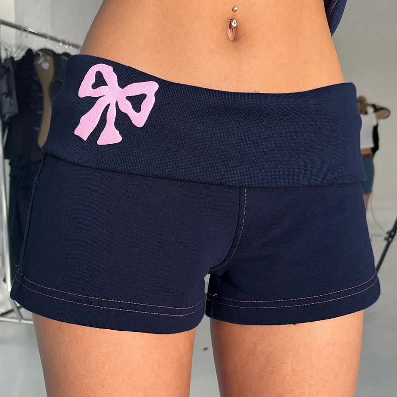 

Bows Print Sexy Tight Shorts Y2K Fold-Over Fitness Mini Short Pants Elastic Waist Sporty Shorts Casual Skinny Shorts For Women