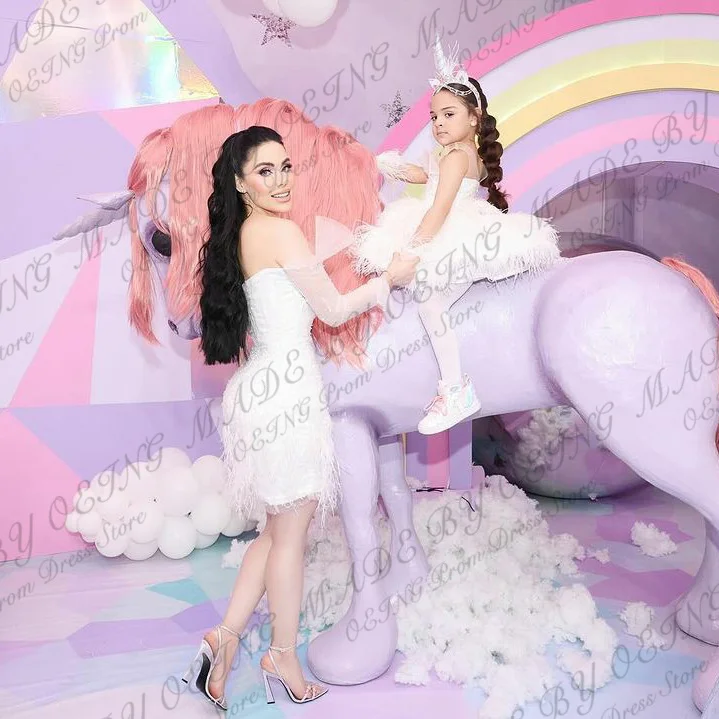 OEING vestidos de cumpleaños para madre e hija, vestidos de graduación de línea A de plumas blancas, vestido de fiesta Formal de celebridades de cumpleaños