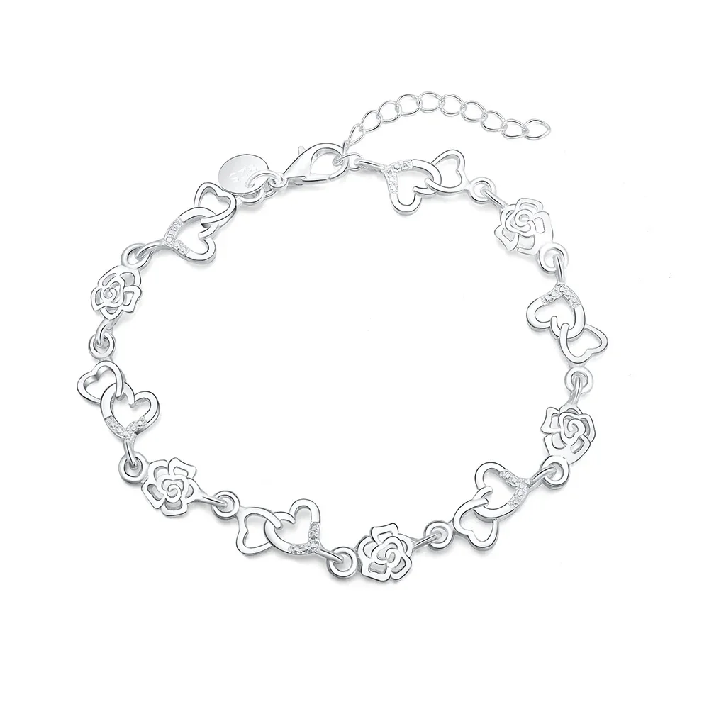 

Beautiful hot women bracelet HEART lovely FLOWER chain fashion Wedding Party Silver Plated cute lady nice jewelry LH009