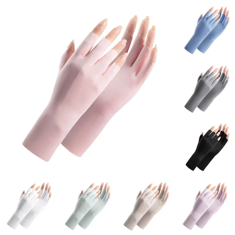 Summer Ice Silk Half Fingers Gloves Women Breathable Thin Fingerless Gloves Outdoor Riding Driving Gloves Sunscreen Mittens