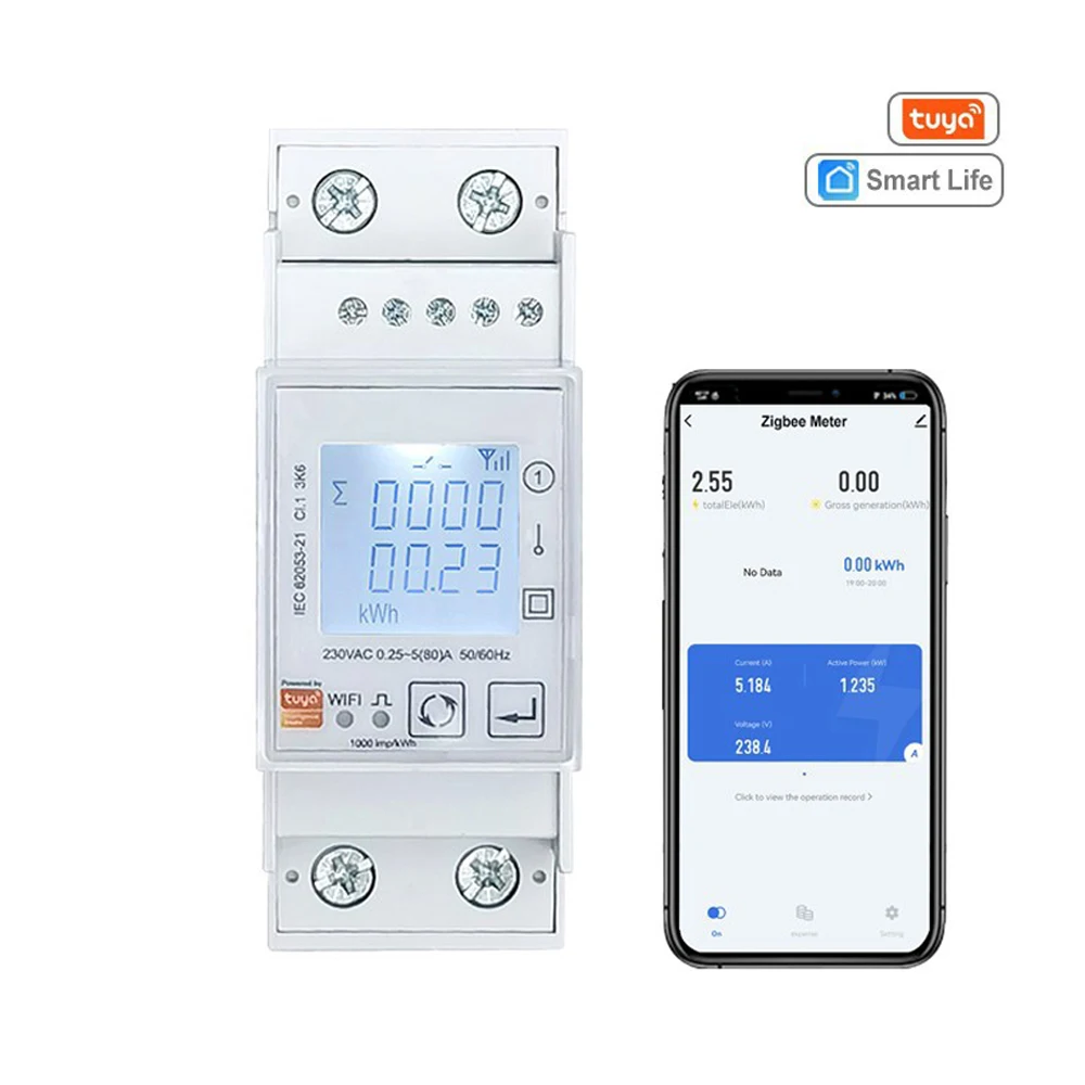 Tuya Smart Eenfase ZigBee/WiFi Energiemeter AC 85-270V 80A 45-65Hz Din Rail Power Monitor KWh Wattmeter Voltmeter Ampermete