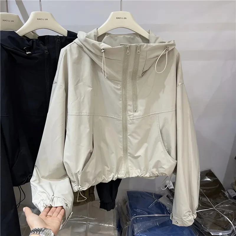 Nice Short Hooded Jacket Women's Spring Autumn  New Lady Loose Thin Work Jacket Top Solid Casual Student Zipper Outwear
