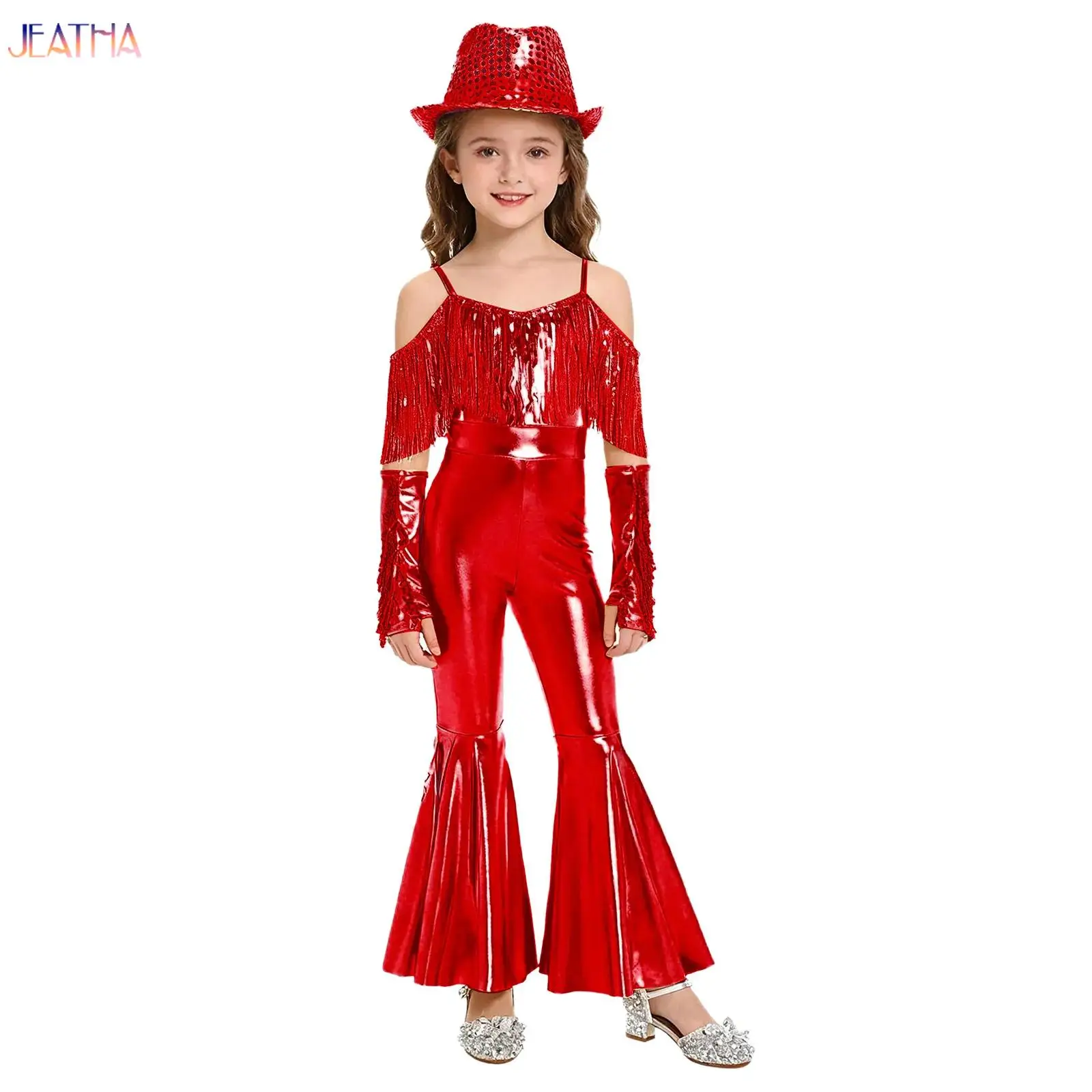 

Girls Kids Tap Jazz Dance Costume Teens Disco Jazz Dance Performance Sequins Tassels High Waist Flared Jumpsuit Hat Gloves Suit
