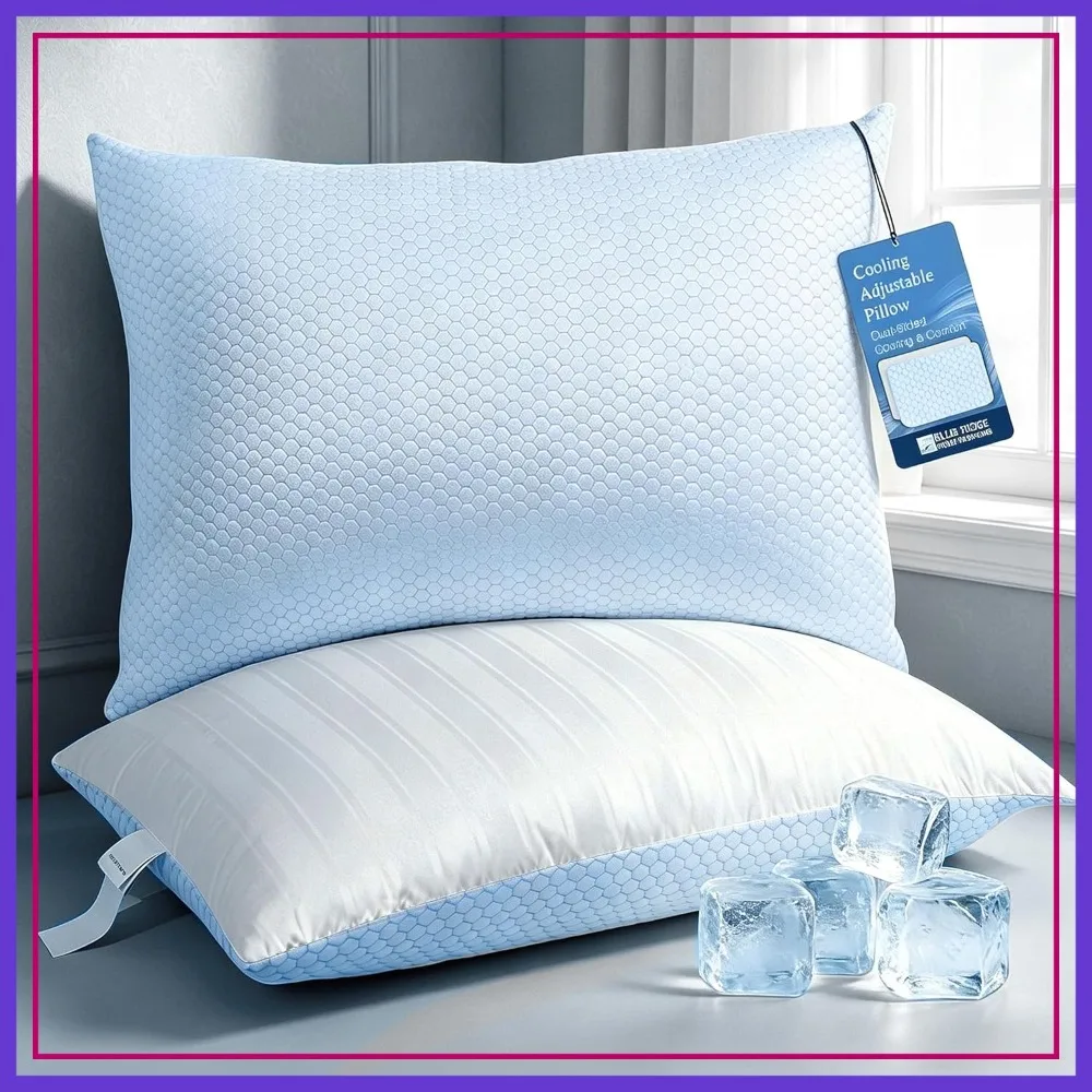 

King Size Cooling Pillows Set of 2, Soft Medium 500 TC Damask Stripe Embroidered 100% Cotton Cover, Down Alternative