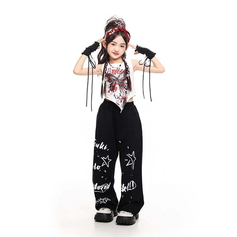 Kid Hip Hop Clothing White Butterfly Tank Crop Top Black Casual Letters Sweat Pants for Girls Jazz Dance Wear Costumes Clothes