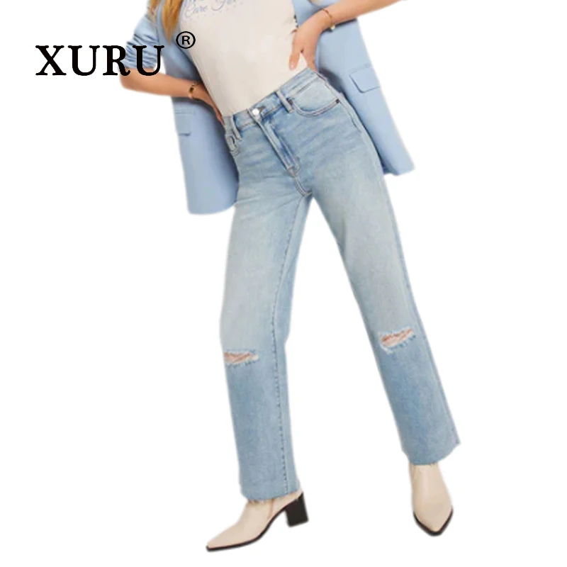 XURU - New women's ripped cropped jeans, y2k loose straight leg light colored long jeans, men's pants