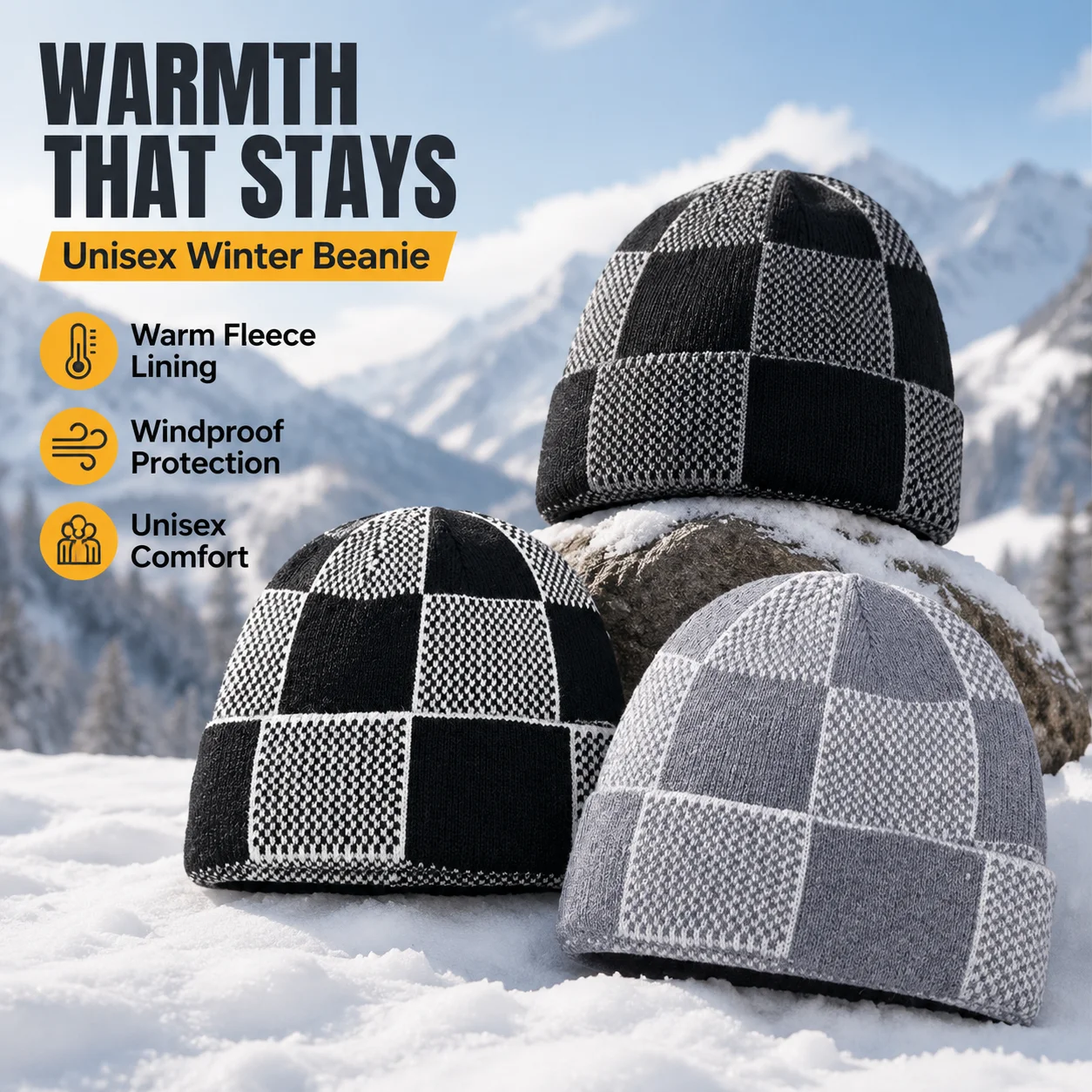 Beanie Cuffed Knit - Zimowa czapka unisex z geometrycznym haftem,