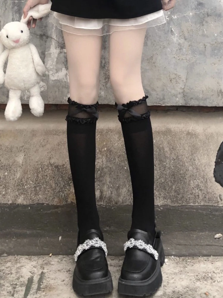 Bas d'uniforme de Cosplay Anime JK, chaussettes hautes en dentelle à bord ébouriffé pour femmes, chaussettes à nœud de couleur unie Preppy de Style japonais