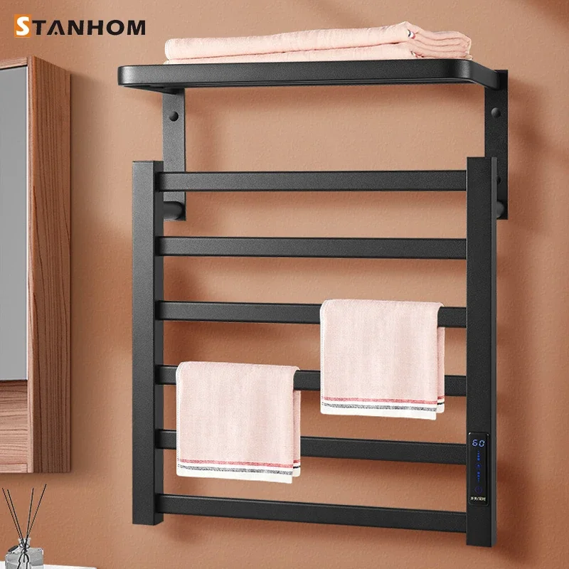 STANHOM Aluminum Bathroom Electric Heated Towel Warmer Rack With Top Shelf