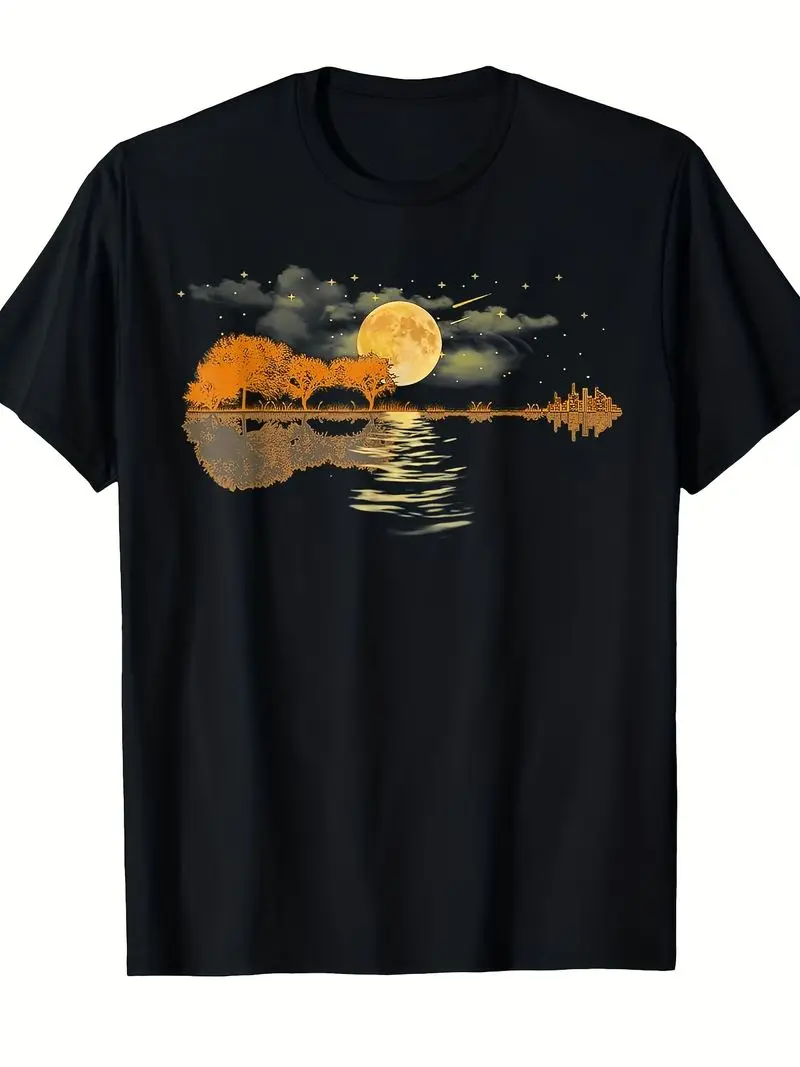 Guitar Lake Reflections Love Musician Acoustic Guitar T-Shirt Lightweight Breathable Men's Unisex Short Sleeve Crew Neck Casual