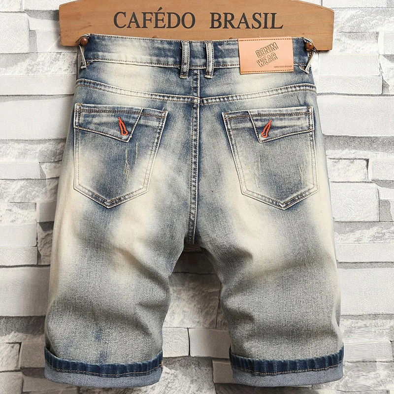 2026 Men's Vintage Denim Shorts Retro 5-Point Knee Length Jeans Shorts Patchwork Zipper Decor Stretch Casual Fashion Shorts Male
