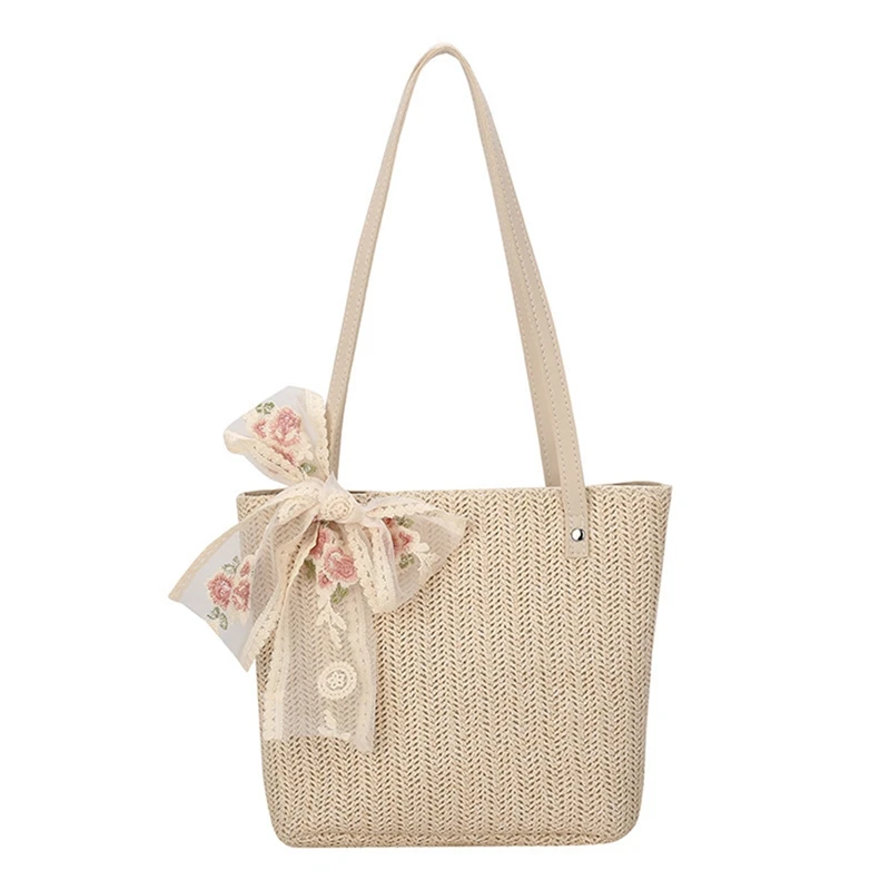 Ladies Summer Straw Bag Lace Bowknot Rattan Bag Large Capacity Leisure Tote Bag Beach Travel Tote Bag