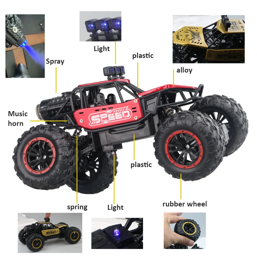 2.4g Remote Control Off-Road Alloy Car with Shock Absorbers, Climbing Fast Car with Music, Lights, and Spray, Children's Electric Rc Toy, Boys' Holiday Gift
