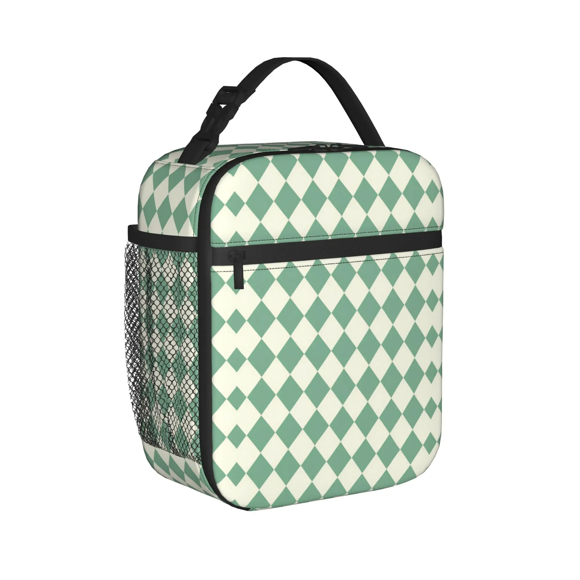 Sage Green Cream Diamond Tile Soft Neutral Geometric Lunch Bag Travel Portable Lunch Box For Child  Oxford Print Cooler Bag