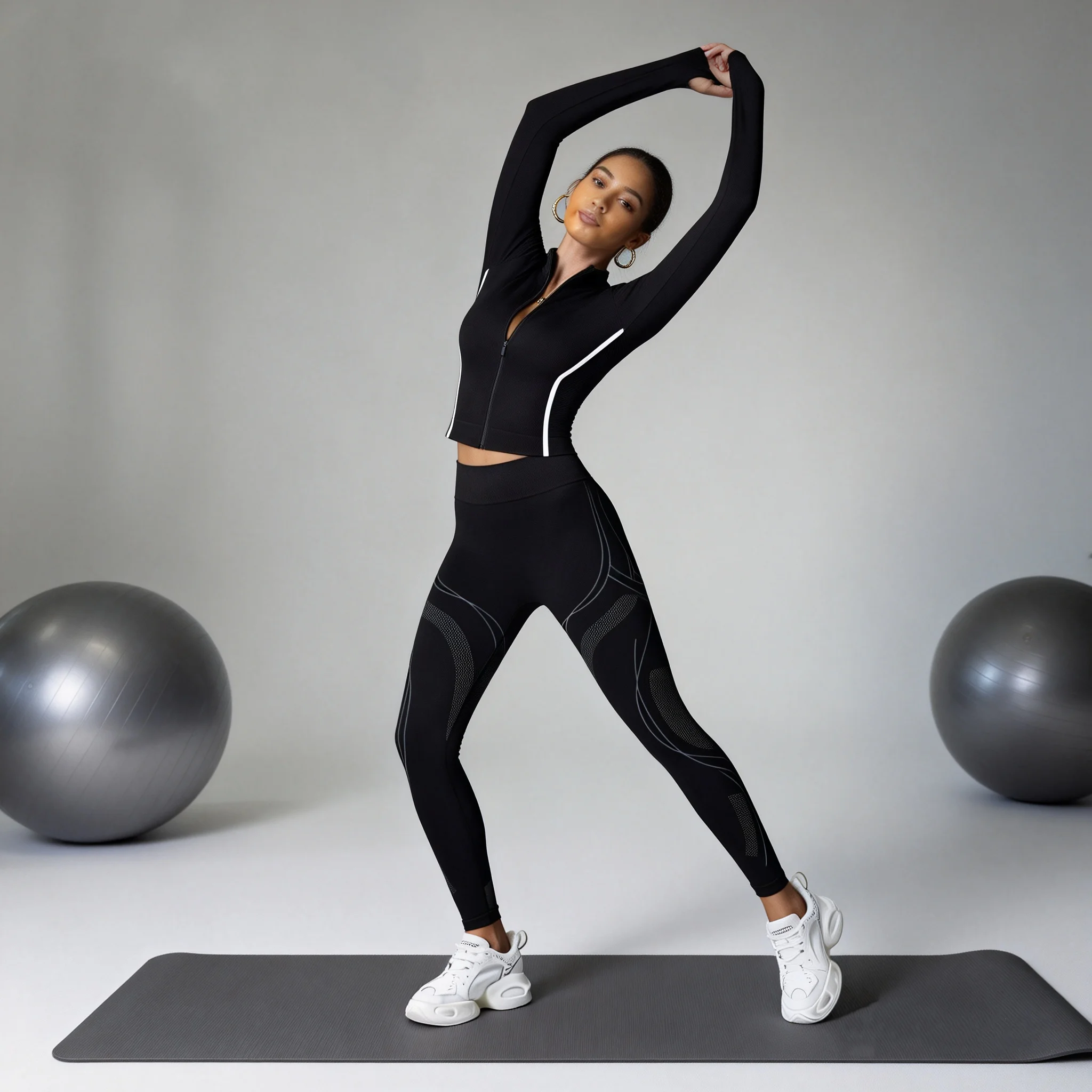 New Sports Set Zip-Up Mock Neck Top Mesh Side Panel High Waist Tummy Control Leggings Breathable Gym Workout Activewear Outfit​