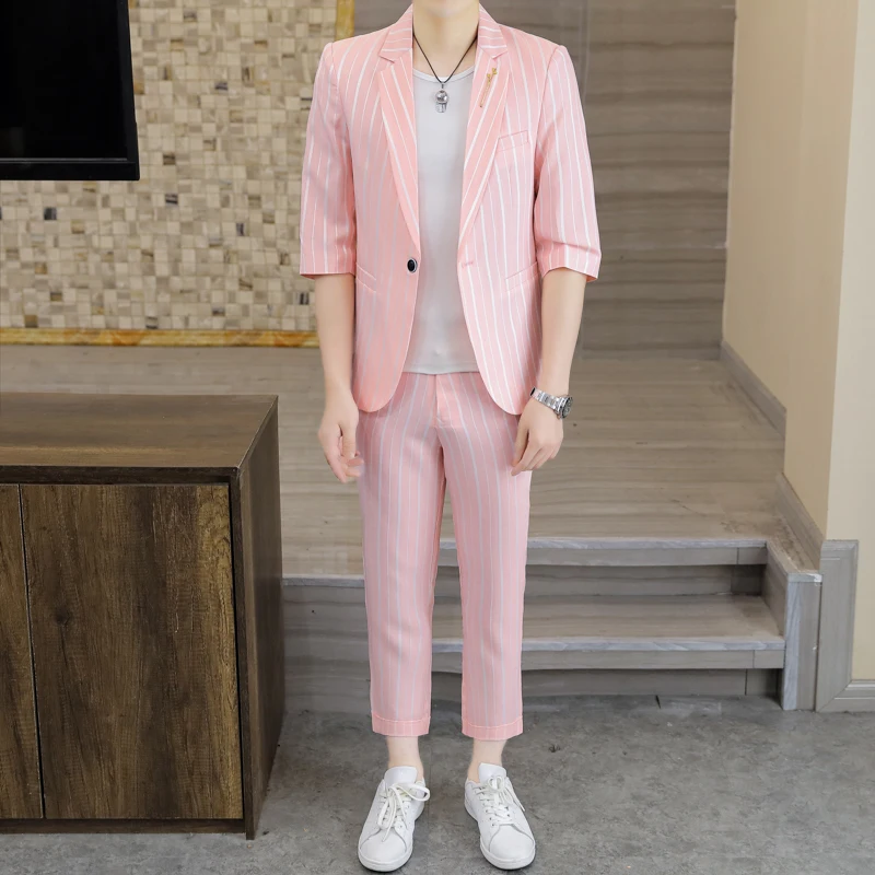 

Стильный мужской костюм, модный повседневный мужской комплект, корейская версия приталенного костюма в полоску для весны/лета, высококачественная отделка.