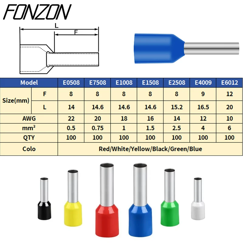 100PCS/pack insulated wire crimp terminals E0508 1008 1508 7508 2508 tubular pressure wire ferrule connectors pin-type connector