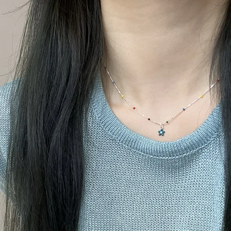 Sterling Silver Necklace With Simple Geometric Multicolour Beads Choker Shiny Delicate Collarbone Chain For Women's