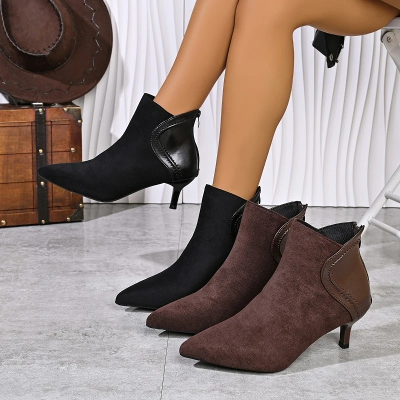 *Fashionable Versatile Slimming Back Zipper Pointed Thin Heel Women's Boots New Comfortable Suede Workplace Modern High Heels