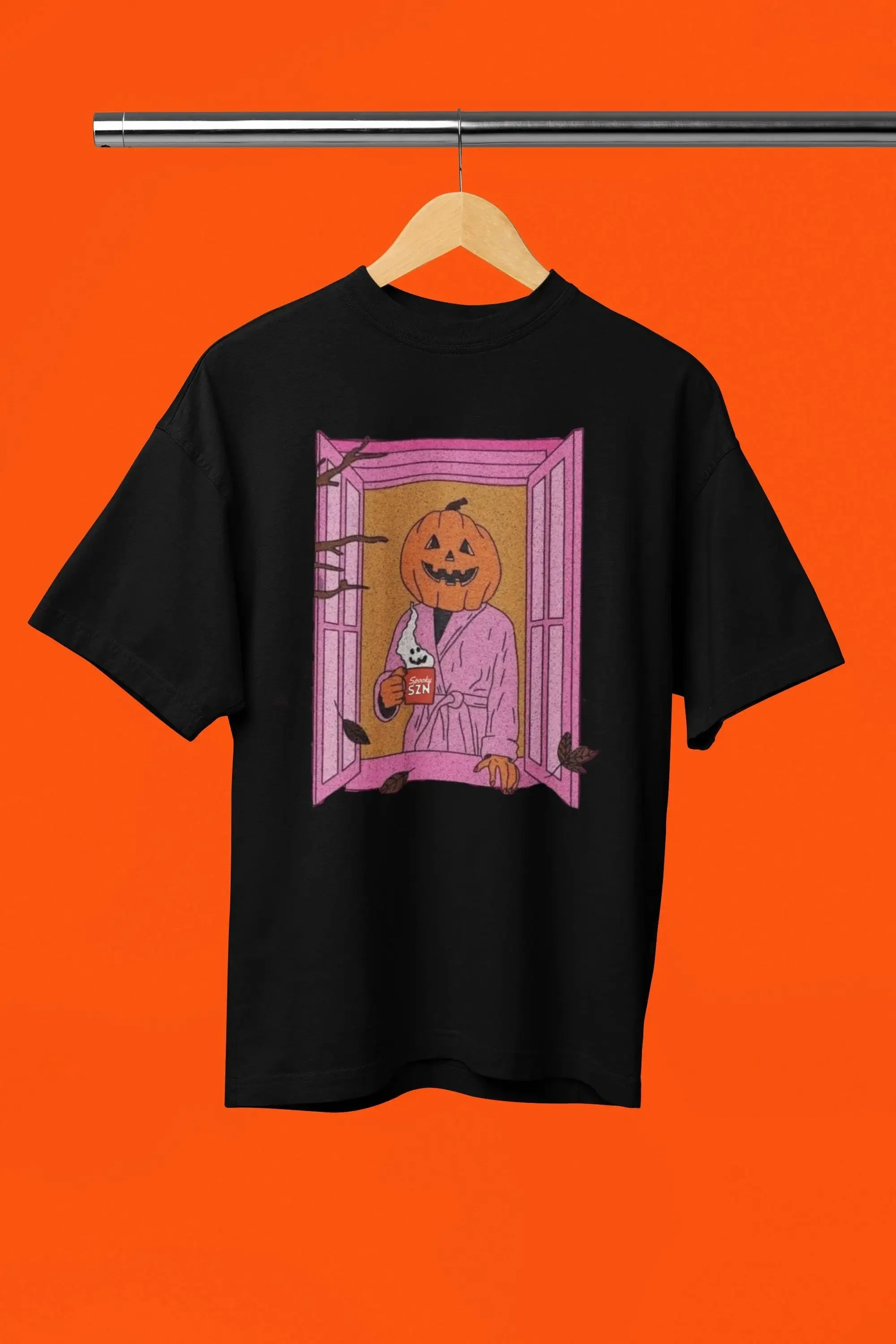 Halloween T Shirt Pumpkin Head Spooky Szn Cozy Pink Robe Coffee Cup Window Scene Funny Horror