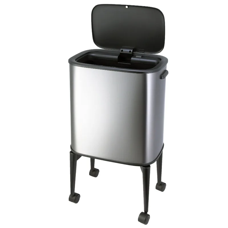 Modern household kitchen vertical trash can Large rectangular metal storage bin with sensors and wheels