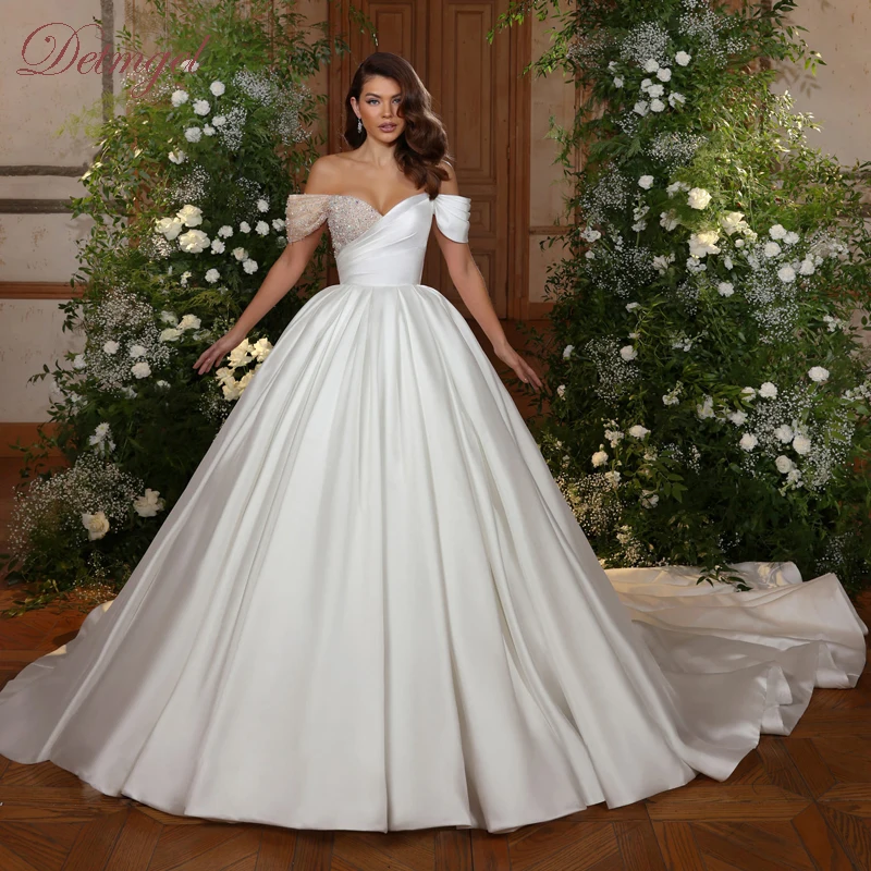 

New Sweetheart Off Shoulder Ball Gown Wedding Dress Delicate Crystal Beading Satin Court Train Princess Bridal Gown Customized