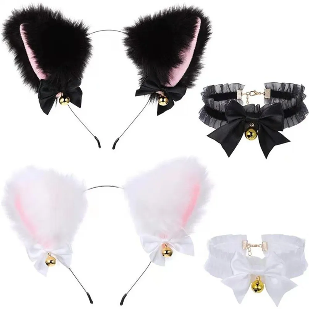 2 Pcs Cat Ear Headband With Bells Necklace Cosplay Girl Plush Furry Cat Ears Headwear Fancy Dress Hairband For Costume Party