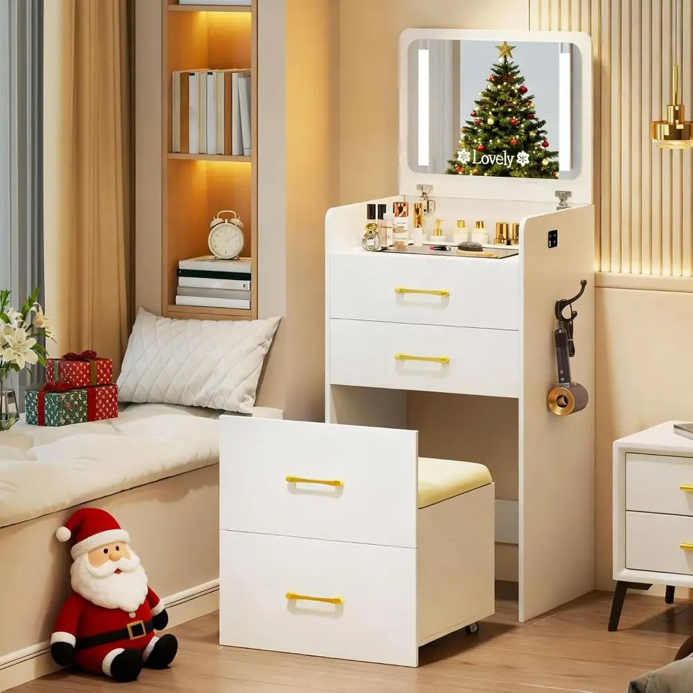 HNEBC 3 in 1 Vanity Desk with Plip Top LED Mirror or Bedroom,White | Small Dring Table with Visible Glass Desktop,Compact Vanity