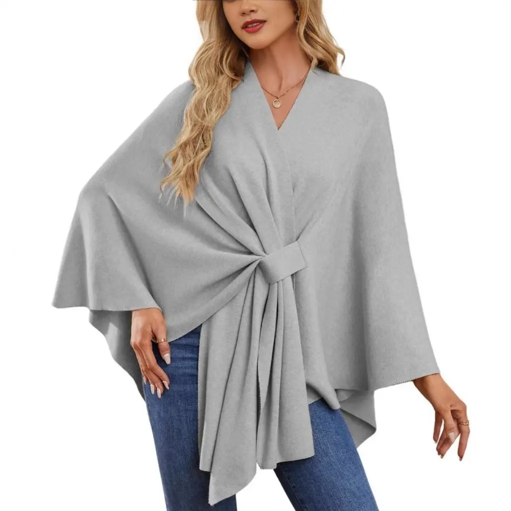 

Elegant Ladies One Piece Solid Color Shawl Coat Cape Jacket Soft Independent Station Design by