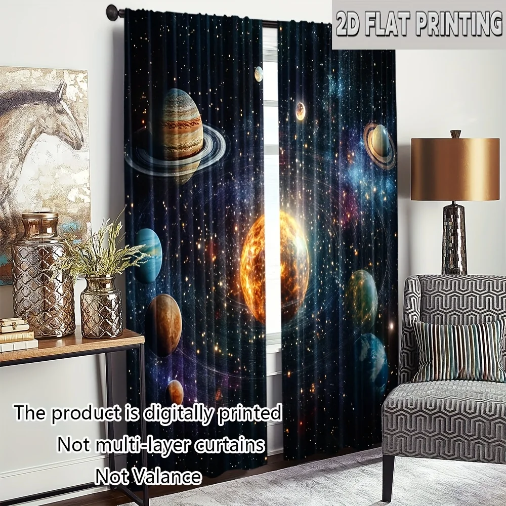 Starry Space Planet Window Curtain 2 Panels, Vibrant Solar Planets Glitter Nebula Print Soft Dark Star Tone Living Decor Curtain