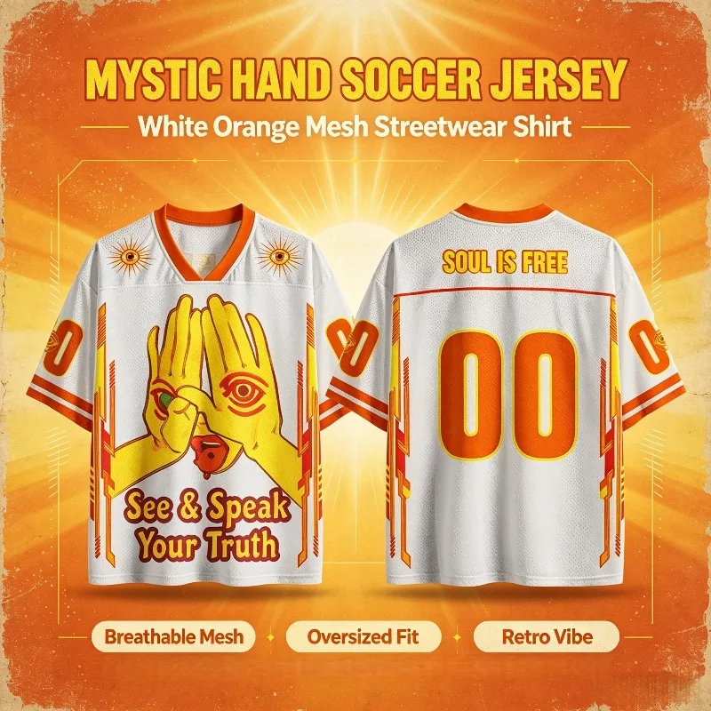 T-shirt unisexe blanc et orange contrastant, motif palmier mystérieux, avec slogan « See&Speak Your Truth », col en V, coupe ample, manches courtes