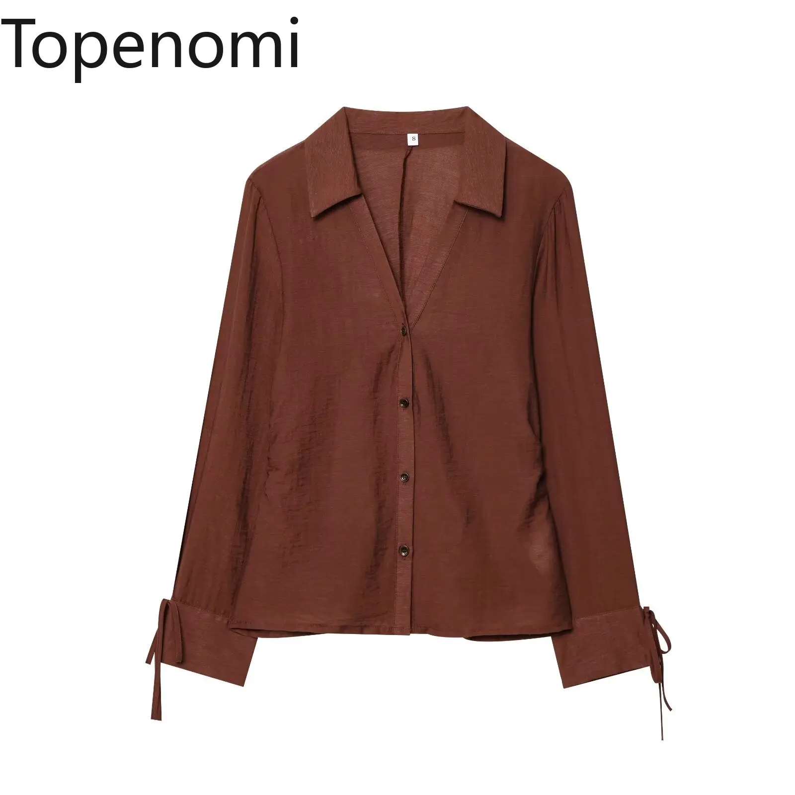 

Topenomi Women Shirt Vintage Fashion V Neck Single Breasted Loose Lady Tops Simple Solid Versatile Long Sleeve Lace Up Blouse