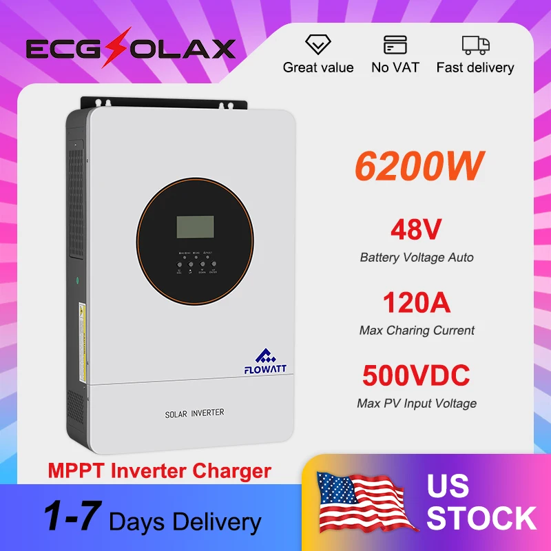 

FLOWATT 6200W 48V Hybrid Solar Inverter 120A Built-in MPPT Solar Controller 48VDC Pure Sine Wave 6.2KW Off-grid Inverter Charger