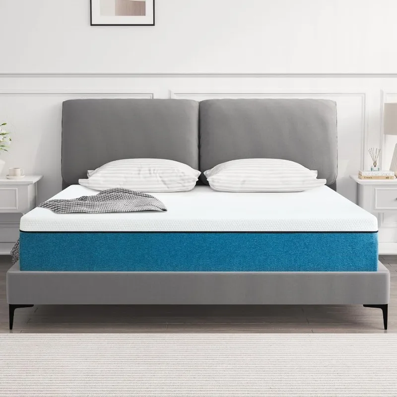 10 inch Queen Mattress Memory Foam Mattress in a Box Fiberglass Free for Cool Sleep, Blue