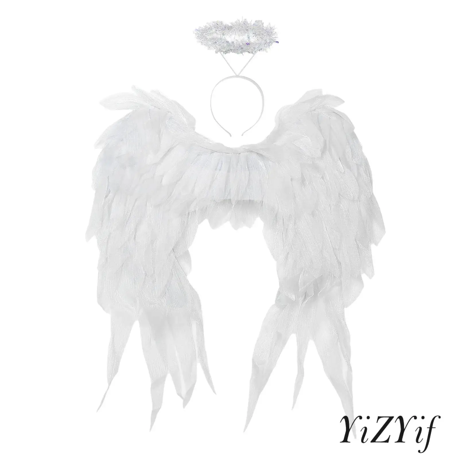 

Angel Wings And Shiner Headband Set Realistic Feather Design Halloween Accessories for Masquerade Balls And Photo Shoot Props