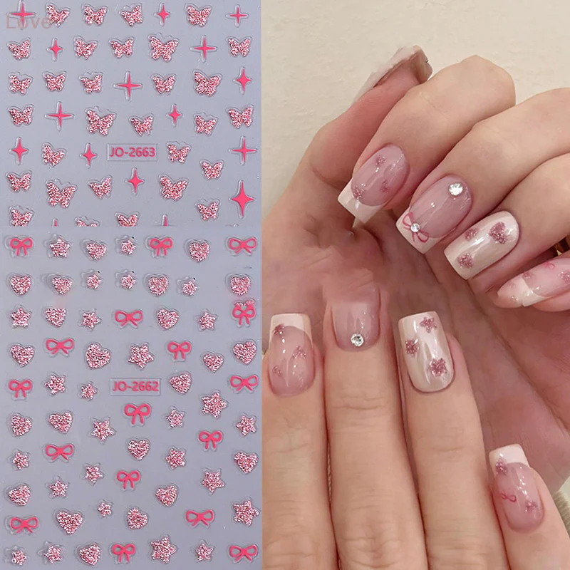 [L&P] ملصقات أظافر على شكل فراشة وردية اللون على شكل فراشة ليزر لامعة ثلاثية الأبعاد شارات أظافر على شكل فراشة لاصقة